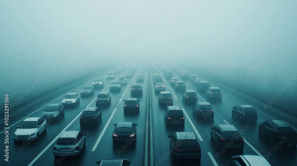 Obraz premium Massive traffic jam on a foggy highway, countless cars stuck, thick smog overhead, muted colors reflecting poor air quality and urban stress 