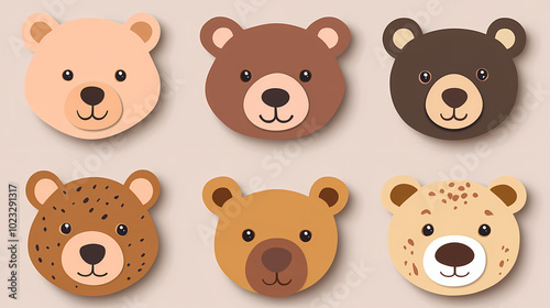 Set Bear card templates. Cute cartoon bear faces,paper art and digital craft style.