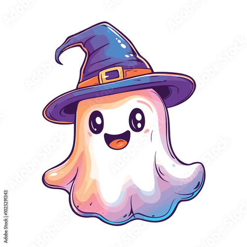 cute little halloween ghost with witchs hat isolated vector illustration