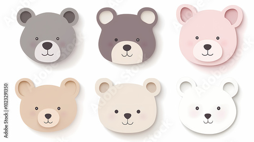 Set Bear card templates. Cute cartoon bear faces,paper art and digital craft style.