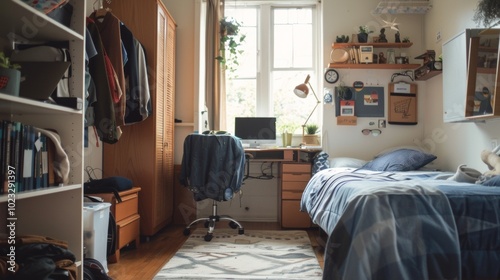 Cozy and Organized Home Office Bedroom with Desk Shelves and Natural Lighting