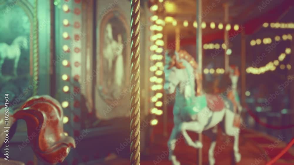 An amusement park lies still under the night sky, its vibrant carousel lights shimmering. Vacant rides create an eerie yet magical atmosphere, capturing the essence of forgotten joy.