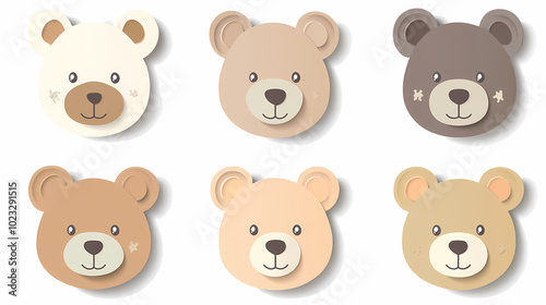 Set Bear card templates. Cute cartoon bear faces,paper art and digital craft style.