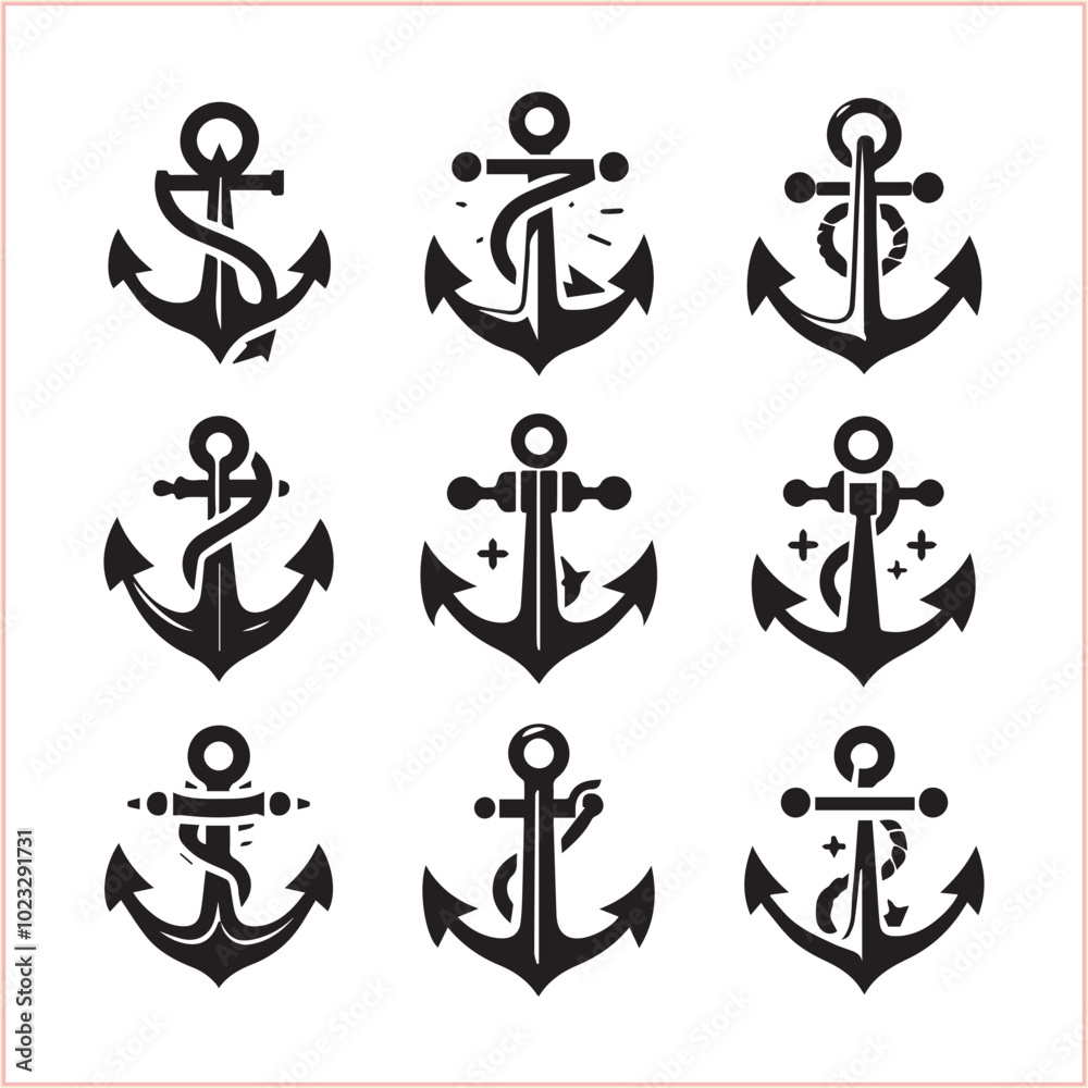 Set of sea anchor symbol set isolated anchor with a heart charm on white background vector illustration Set of sea anchor symbol set isolated anchor with a heart charm on white background vector illustration