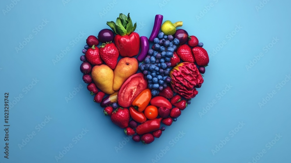 Glowing Heart Illuminated by Colorful Fruits and Vegetables Symbolizing the Nourishment and Benefits of a Healthy Plant Based Diet and Lifestyle Glowing Heart Illuminated by Colorful Fruits and Vegetables Symbolizing the Nourishment and Benefits of a Healthy Plant Based Diet and Lifestyle