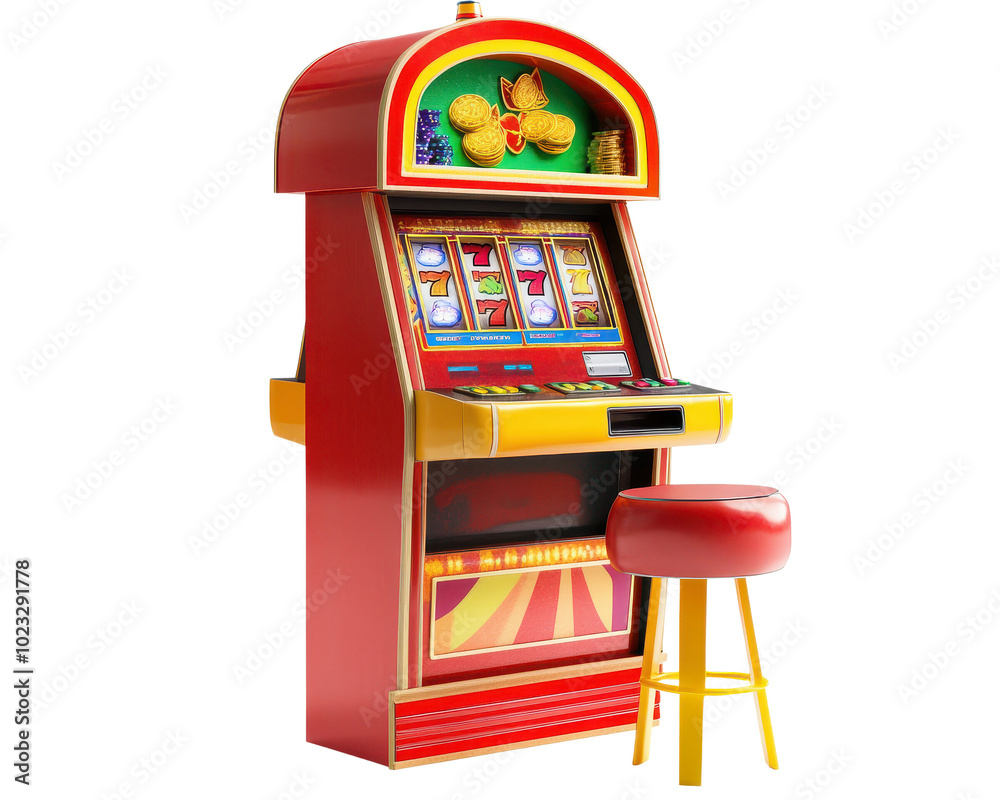 Colorful slot machine with fruit symbols, isolated on white background.
