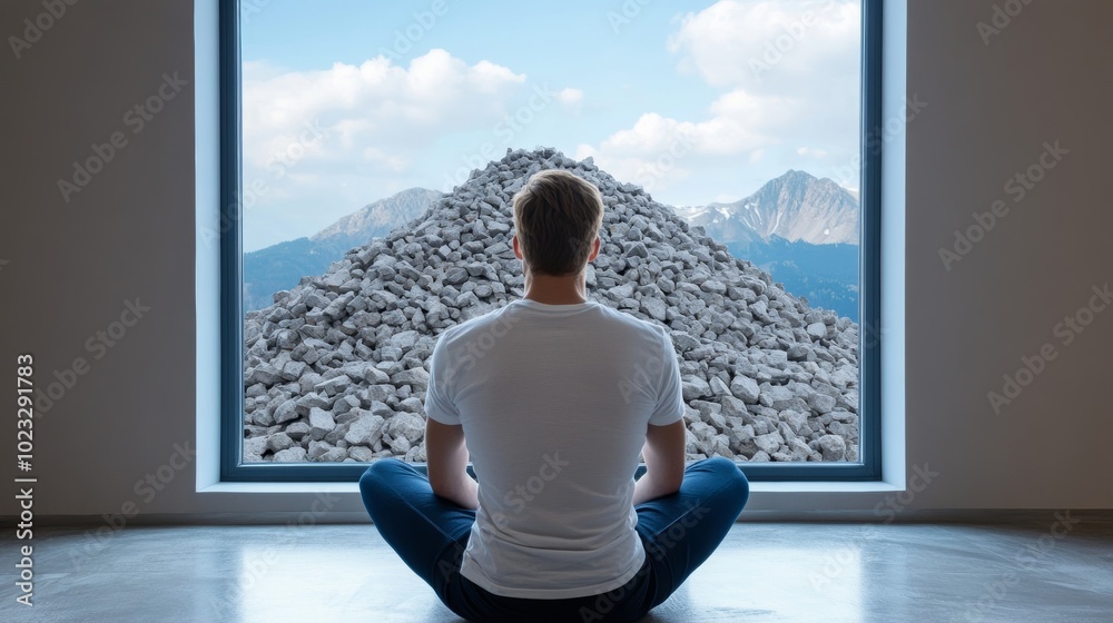Person sitting in a minimalist room with a mountain of unnecessary things outside the window, symbolizing rejecting clutter Person sitting in a minimalist room with a mountain of unnecessary things outside the window, symbolizing rejecting clutter