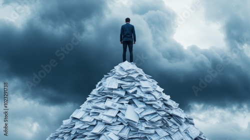 Person climbing a steep mountain of overdue bills with a dark storm cloud following them, illustrating financial struggle and debt 