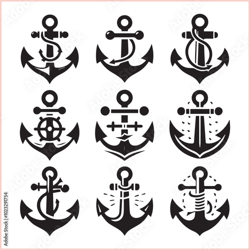 Set of sea anchor symbol set isolated anchor with a heart charm on white background vector illustration