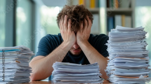 Person sitting at a table overwhelmed by stacks of mail, magazines, and unnecessary papers, representing excess paper clutter 