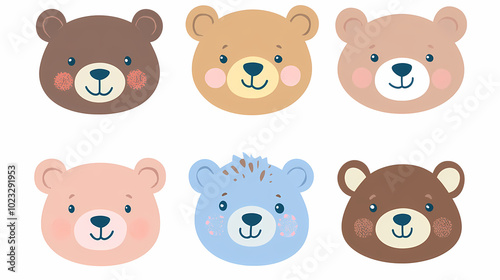 Set Bear card templates. Cute cartoon bear faces,paper art and digital craft style.