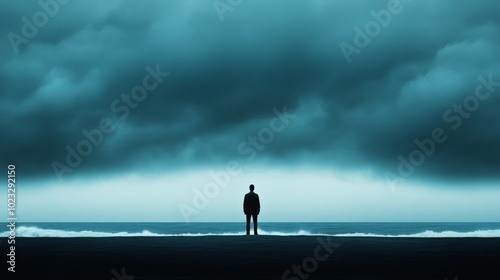 Person standing at the edge of a dark ocean, staring at an unclear horizon, waves crashing unpredictably, metaphor for life’s uncertainties 