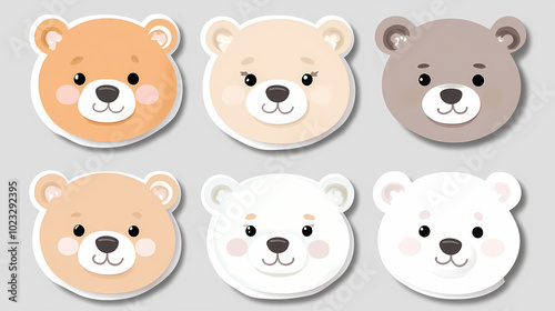 Set Bear card templates. Cute cartoon bear faces,paper art and digital craft style.