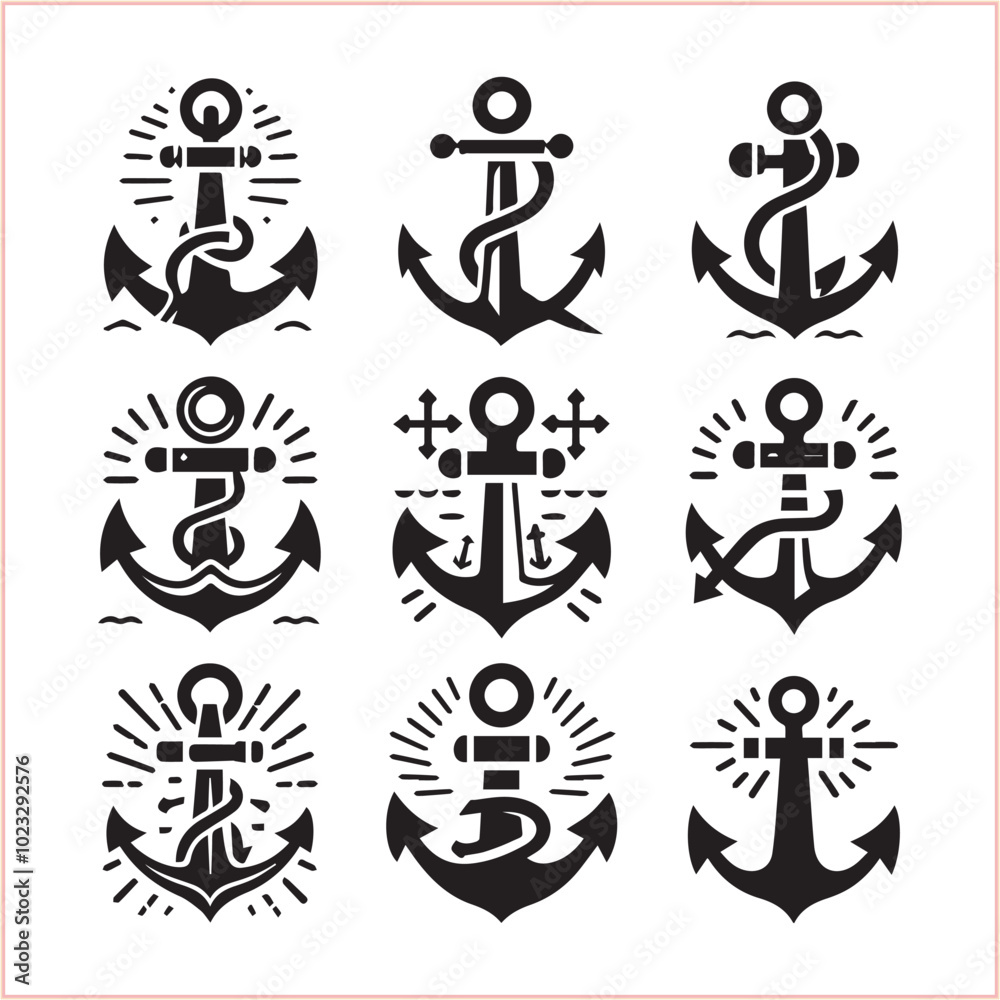 Set of sea anchor symbol set isolated anchor with a heart charm on white background vector illustration Set of sea anchor symbol set isolated anchor with a heart charm on white background vector illustration