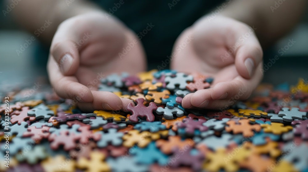 Puzzle pieces scattered on a table, some missing or incomplete, person’s hands hovering in indecision, symbolizing uncertainty in putting life together Puzzle pieces scattered on a table, some missing or incomplete, person’s hands hovering in indecision, symbolizing uncertainty in putting life together