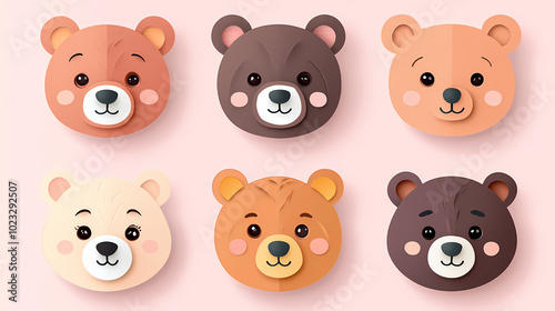 Set Bear card templates. Cute cartoon bear faces,paper art and digital craft style.
