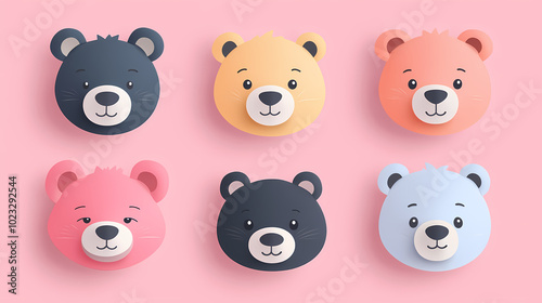 Set Bear card templates. Cute cartoon bear faces,paper art and digital craft style.