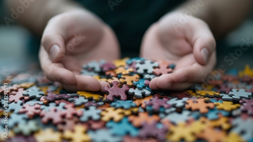 Puzzle pieces scattered on a table, some missing or incomplete, person’s hands hovering in indecision, symbolizing uncertainty in putting life together 