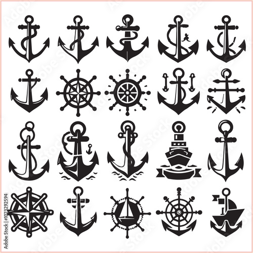 Set of sea anchor symbol set isolated anchor with a heart charm on white background vector illustration