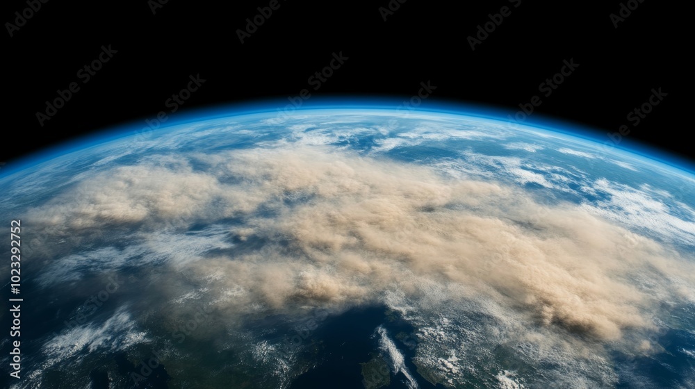 Fototapeta premium Satellite view of Earth with a large area covered in thick pollution, visible brown and gray clouds spreading across continents, environmental crisis concept 
