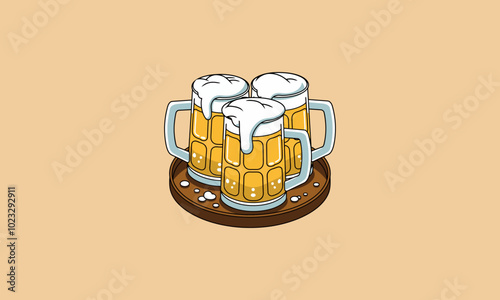 Three frothy beer mugs on a wooden tray, overflowing foam