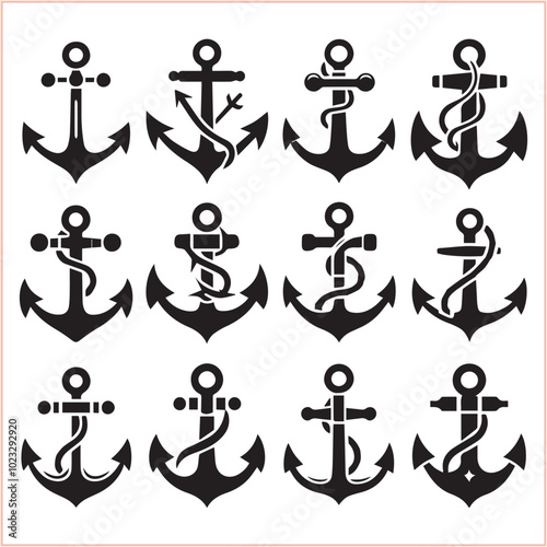 Set of sea anchor symbol set isolated anchor with a heart charm on white background vector illustration