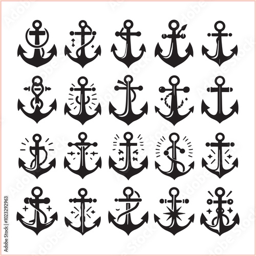 Set of sea anchor symbol set isolated anchor with a heart charm on white background vector illustration