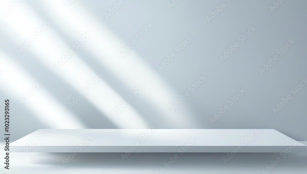 Minimalist white shelf on a light gray wall, illuminated by soft natural light, perfect for displaying items or decor. Minimalist white shelf on a light gray wall, illuminated by soft natural light, perfect for displaying items or decor.