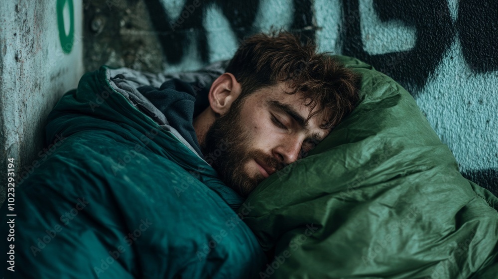 Stray dog curled up next to a homeless person’s sleeping bag, both huddled against a graffiti-covered wall, dark and muted tones symbolizing abandonment Stray dog curled up next to a homeless person’s sleeping bag, both huddled against a graffiti-covered wall, dark and muted tones symbolizing abandonment