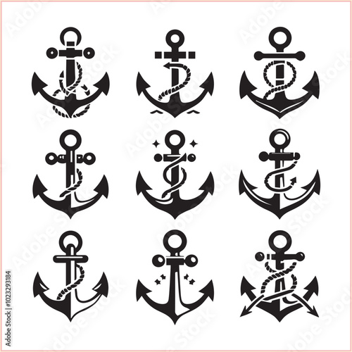 Set of sea anchor symbol set isolated anchor with a heart charm on white background vector illustration