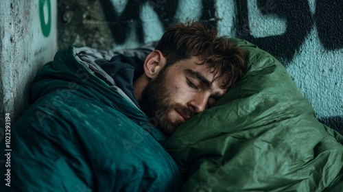 Stray dog curled up next to a homeless person’s sleeping bag, both huddled against a graffiti-covered wall, dark and muted tones symbolizing abandonment 