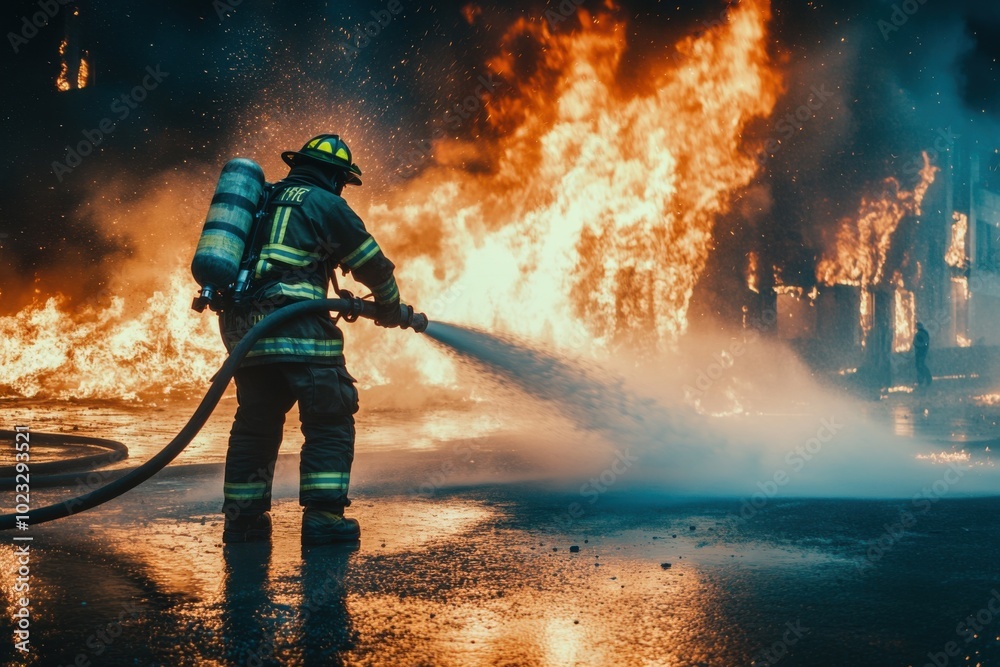 Obraz premium Firefighter extinguishing massive building fire