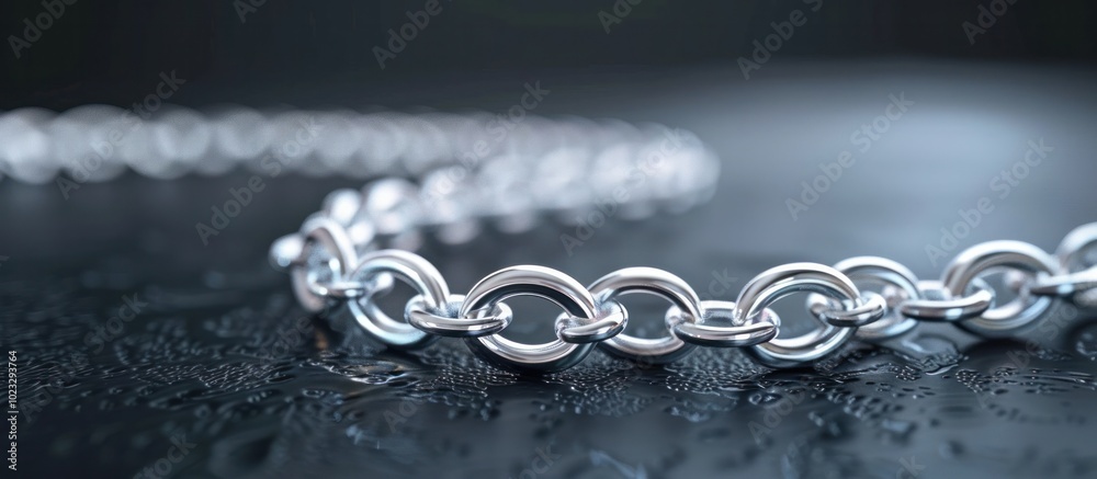 Close up shot of an elegant chrome metal chain necklace against a dark background The shiny reflective surface and minimalist design give it a sophisticated premium feel Close up shot of an elegant chrome metal chain necklace against a dark background The shiny reflective surface and minimalist design give it a sophisticated premium feel