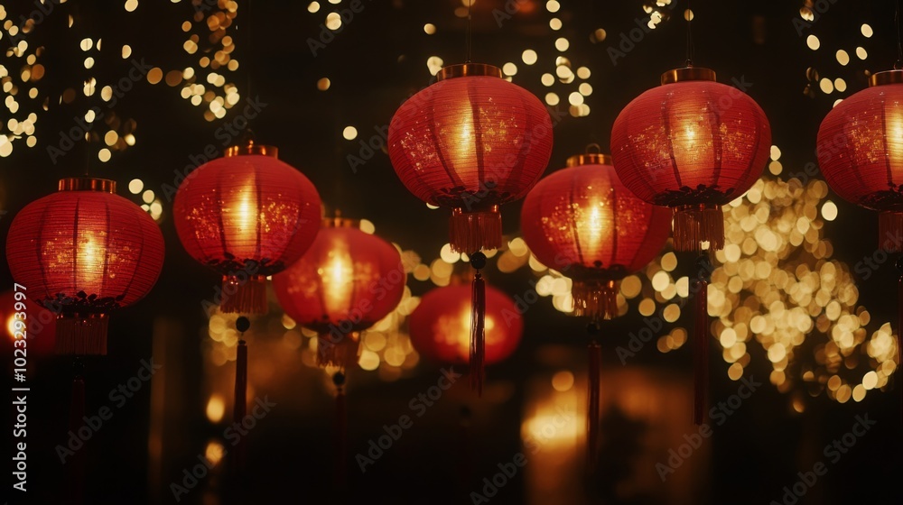 A collection of red lanterns hanging under the night sky, with subtle golden lights in the distance, creating a soft and warm celebratory mood.