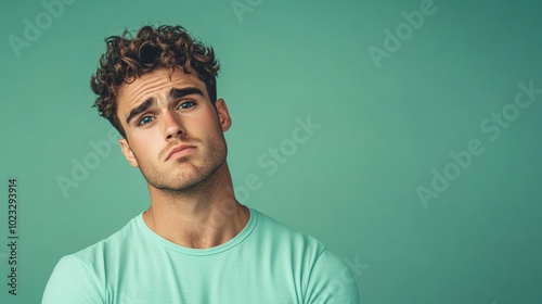 Unhappy young man leaning forward with raised eyebrow, looking confused, standing against a green-to-dark blue gradient background 