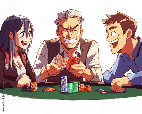 Three friends enjoying a game of cards at a poker table with chips and laughter.