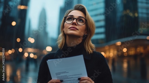 Young woman clutching her resume outside a busy corporate building, rain starting to fall, tired but defiant, urban grit and determination  photo