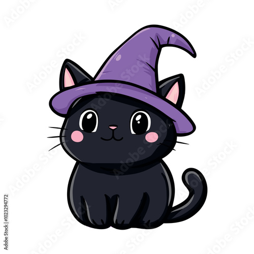 cute happy little black cat with witchs hat isolated vector illustration