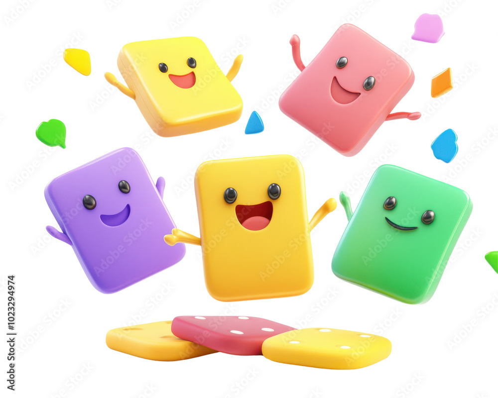Colorful, cheerful, animated blocks celebrating with smiles and confetti. Colorful, cheerful, animated blocks celebrating with smiles and confetti.