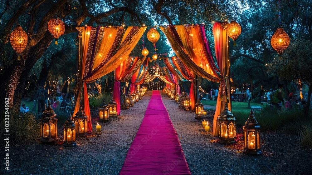 Obraz premium A beautifully lit pathway adorned with colorful drapes and lanterns, creating a magical ambiance for a nighttime celebration.
