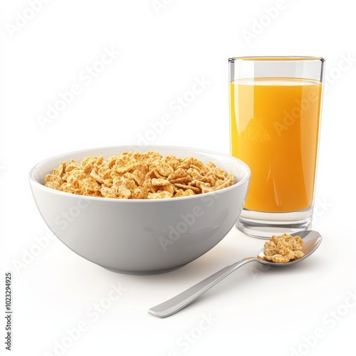 An isolated 3D icon of a bowl of cereal with milk and a spoon, placed next to a glass of orange juice on a clean white background