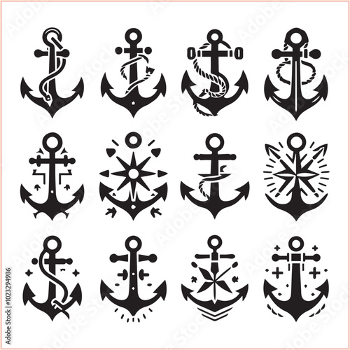 Set of sea anchor symbol set isolated anchor with a heart charm on white background vector illustration


