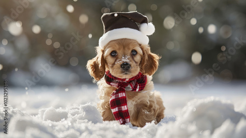 A cute and friendly cartoon puppy character, perfect for merchandise, stickers, and social media graphics related to Christmas and winter photo