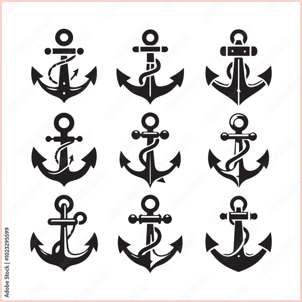 Set of sea anchor symbol set isolated anchor with a heart charm on white background vector illustration Set of sea anchor symbol set isolated anchor with a heart charm on white background vector illustration
