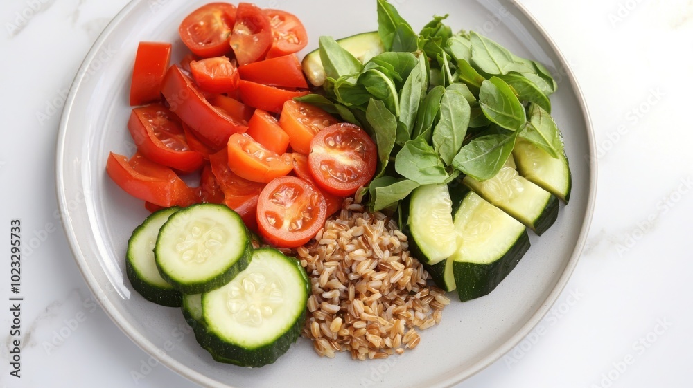 Fresh vegetable salad on a plate with cucumbers, tomatoes, and greens. Fresh vegetable salad on a plate with cucumbers, tomatoes, and greens.