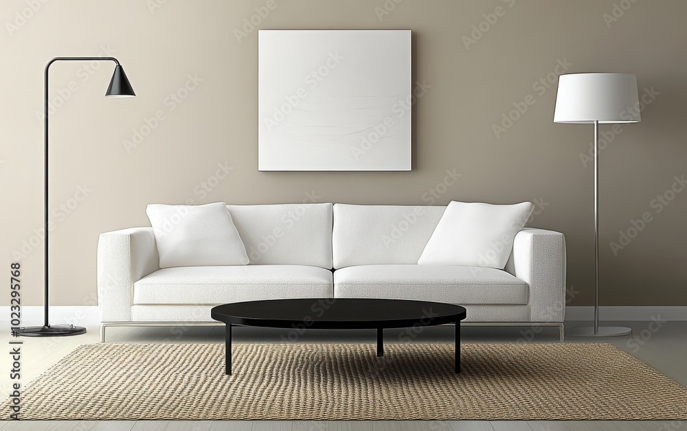 Modern minimalist interior featuring a low-profile white sofa paired with a sleek black coffee table. Modern minimalist interior featuring a low-profile white sofa paired with a sleek black coffee table.