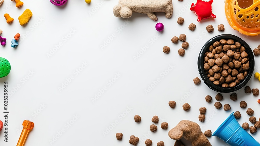 Dog food and assorted toys arranged neatly on a white background, top view with ample copy space available Dog food and assorted toys arranged neatly on a white background, top view with ample copy space available