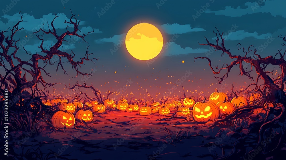 A spooky yet playful pumpkin patch scene, cartoon style, with glowing jack-o'-lanterns scattered across the ground. Twisted vines crawl around the pumpkins, and a full moon shines brightly, A spooky yet playful pumpkin patch scene, cartoon style, with glowing jack-o'-lanterns scattered across the ground. Twisted vines crawl around the pumpkins, and a full moon shines brightly,