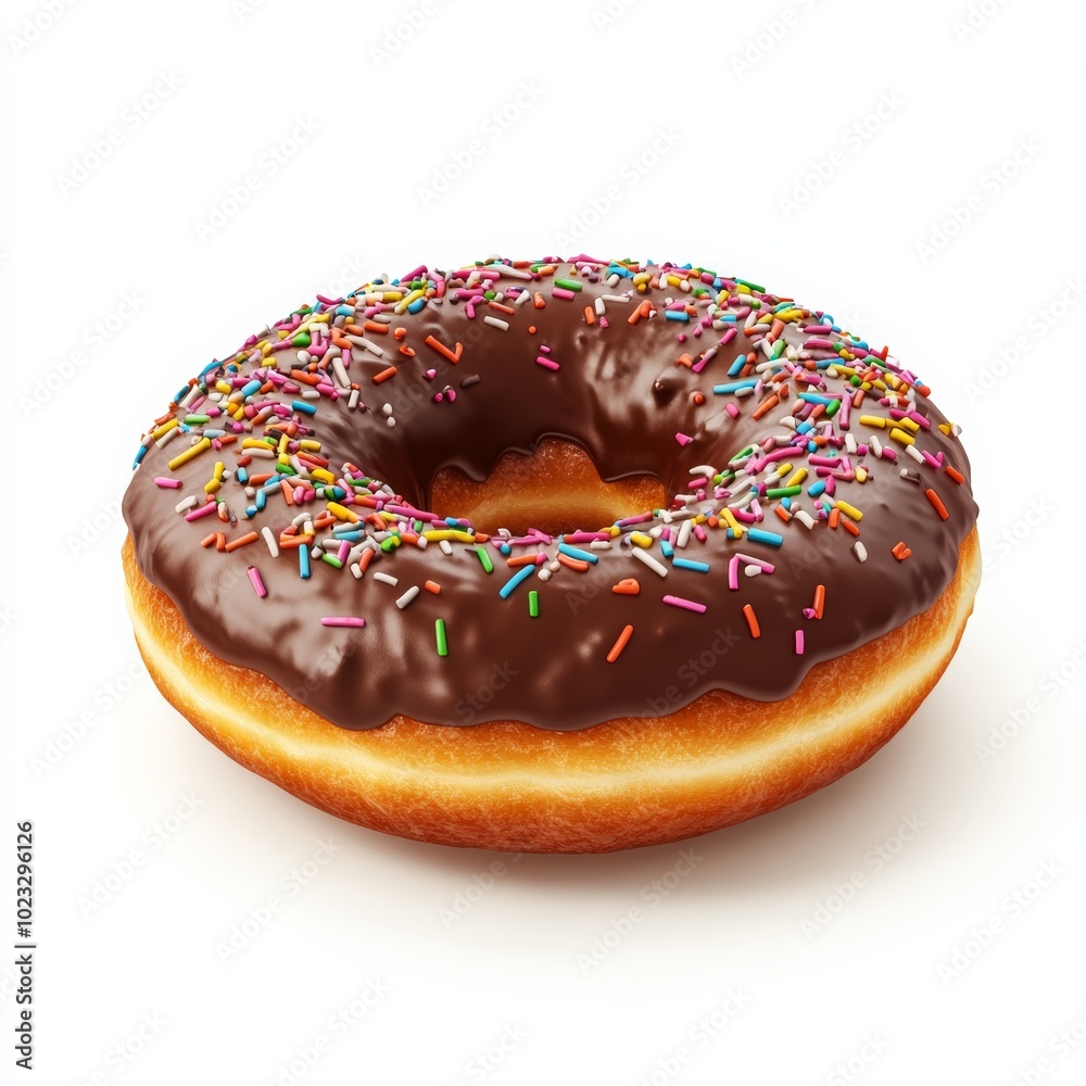 An isolated 3D icon of a chocolate donut with sprinkles, set on a clean white background, emphasizing its glossy finish An isolated 3D icon of a chocolate donut with sprinkles, set on a clean white background, emphasizing its glossy finish