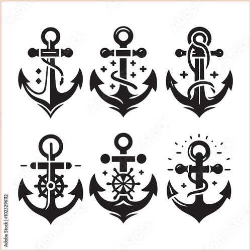 Set of sea anchor symbol set isolated anchor with a heart charm on white background vector illustration